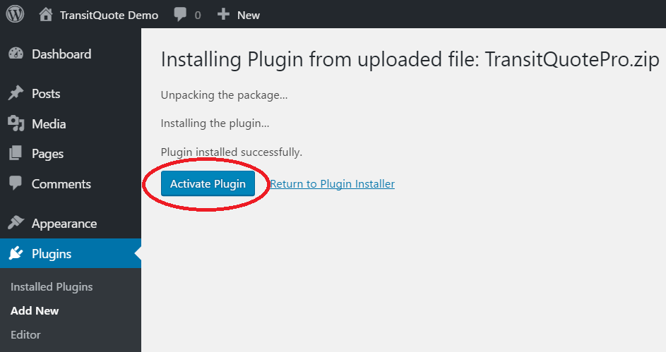 When the plugin installation has completed successfully, press the Activate Plugin button.