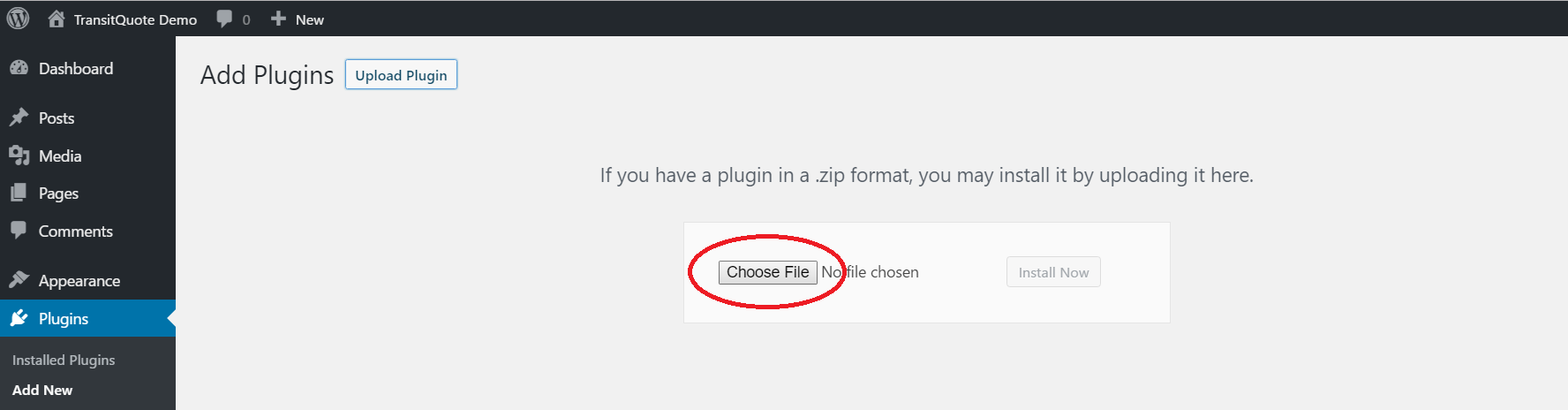 On the Upload Plugin page click the button to browse your computer for the TransitQuotePro.zip file which you downloaded when purchasing the plugin