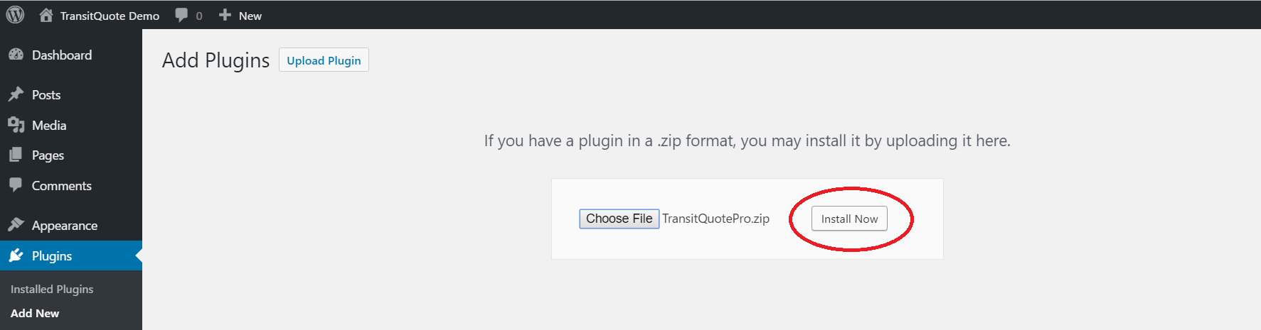 After selecting the TransitQuotePro.zip file, click the Install Now button to install the plugin on your website.