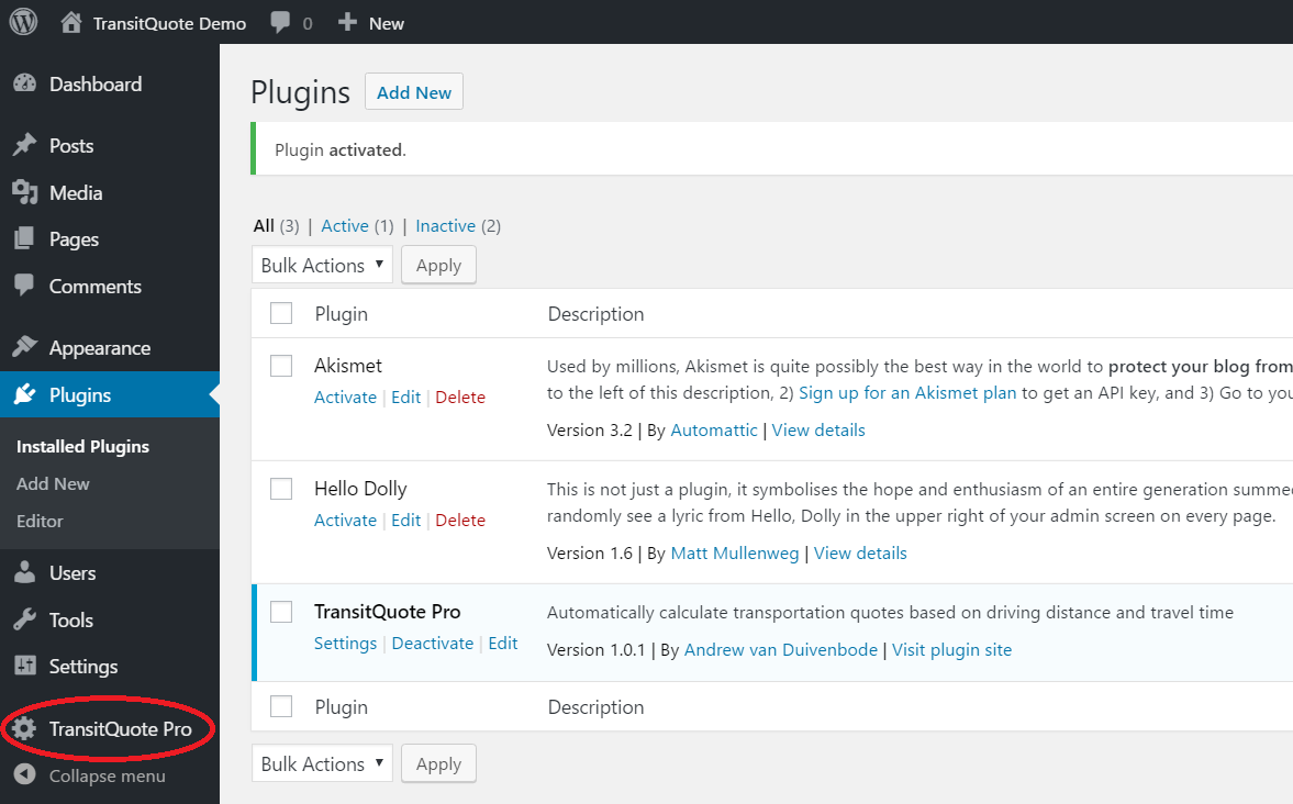 When the plugin has been activated you will be redirected to the Plugins page where you can see TransitQuote Pro is listed as Activated. You will also see a new TransitQuote Pro menu item has been added to your WordPress Dashboard menu.