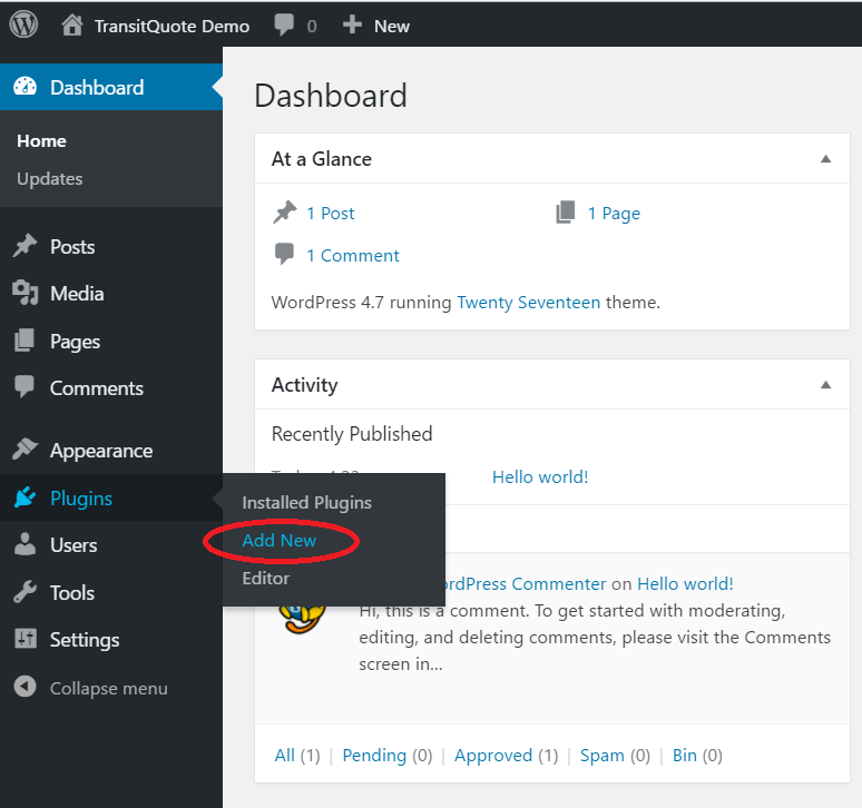 Log into your website's WordPress Dashboard and select Add New from the Plugins menu