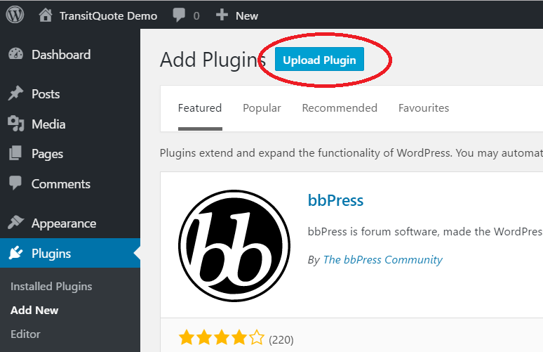 On the Add Plugins page, click the Upload Plugin button