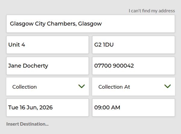 A single Light 3 stop with every per-address field populated — address, unit, postcode, contact name and phone, Visit Type, Time Type, date and time